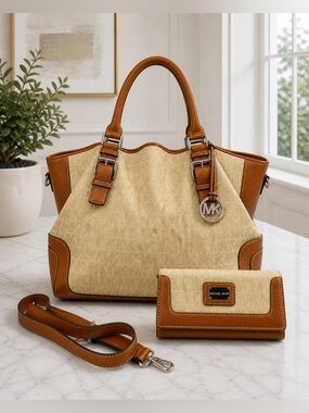 Michael Kors Brookville MK Logo Satchel Tote & Wallet Vanilla/luggage leather
